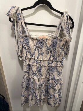 Blue Snake-Print Smocked Tie-Shoulder Tank Top
